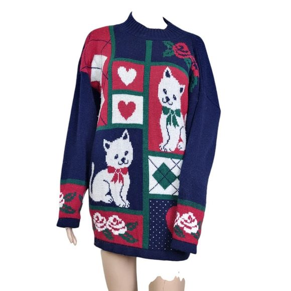 Vintage Women's Red Cat Heart Roses Blue Knit Sweater